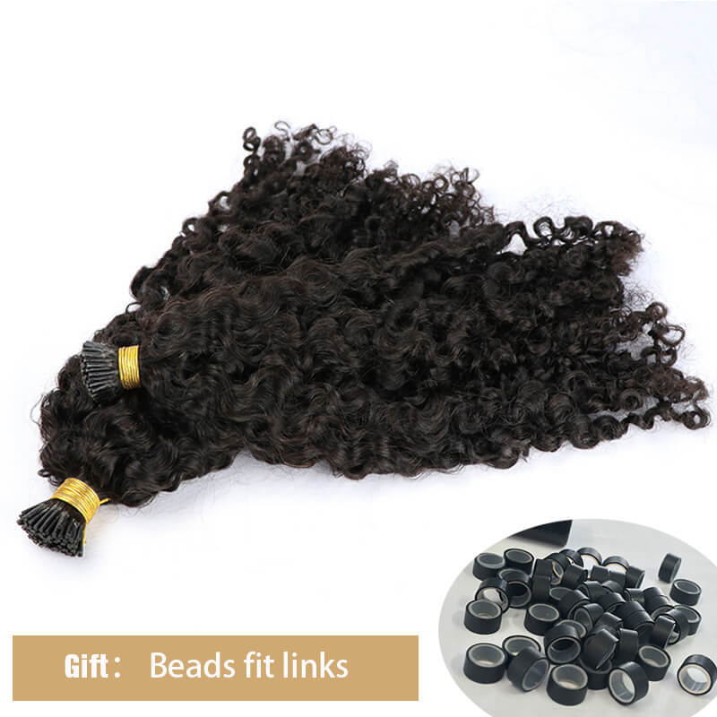 3B 3C Afro Kinky Curly Human Hair Brazilian Virgin Hair I Tip Microlinks Extensions Hair Bulk Natural Black Color For Women