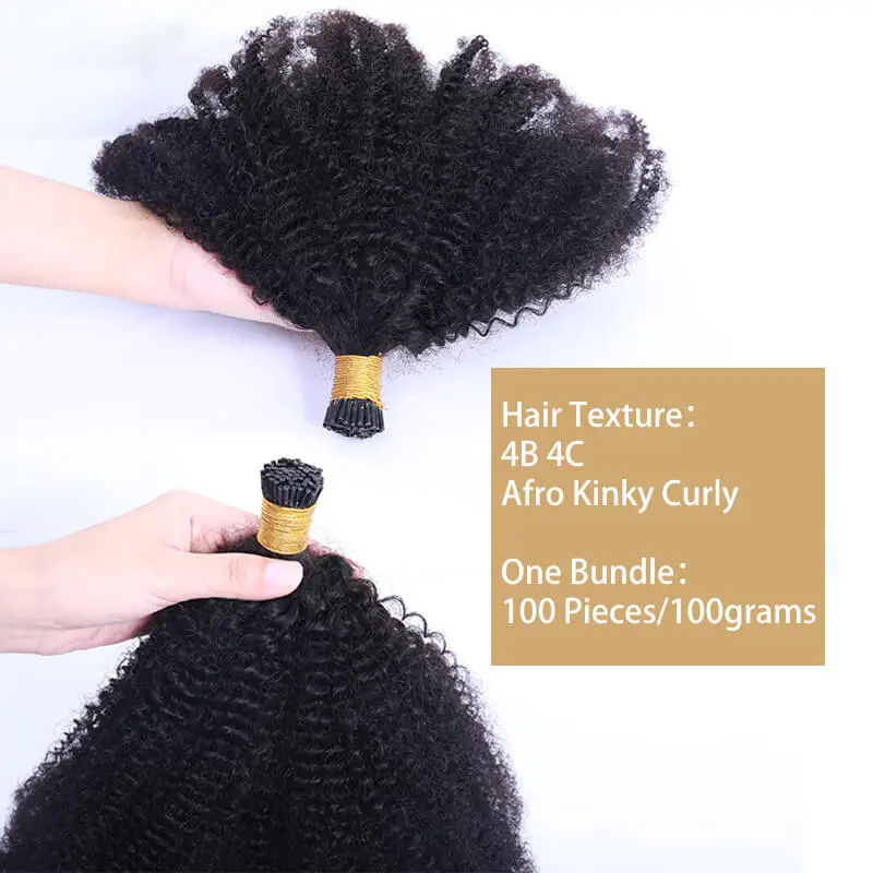 Afro Kinky Curly Human Hair 4B 4C I Tips Microlinks Brazilian Virgin Hair Extensions Hair Bulk Knots Black Color For Women