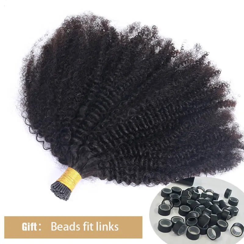 Afro Kinky Curly Human Hair 4B 4C I Tips Microlinks Brazilian Virgin Hair Extensions Hair Bulk Knots Black Color For Women