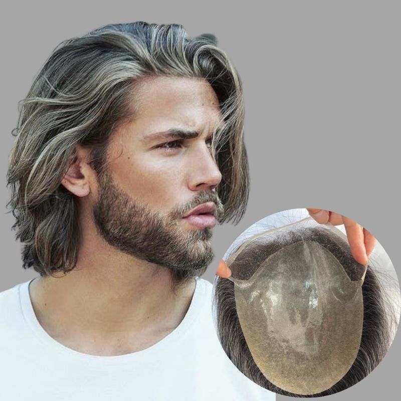 Toupee For Men Hair Replacement PU Base With Frontal Swiss Lace Net Human Hair Mixed 20% Chemical Fiber Gray Hair 10x8 Make natural front hairline