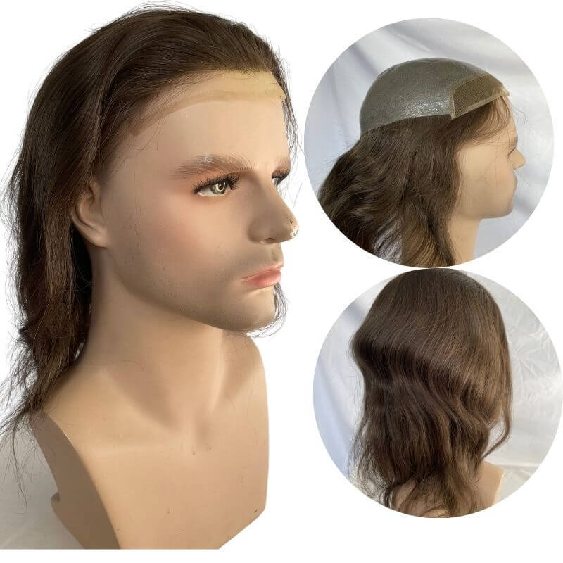 Eseewigs 12" Long Hair Men's Toupee 100% Virgin Human Hair Replacement System for Men 10"x8" Base Size 1B Color Toupee For Men
