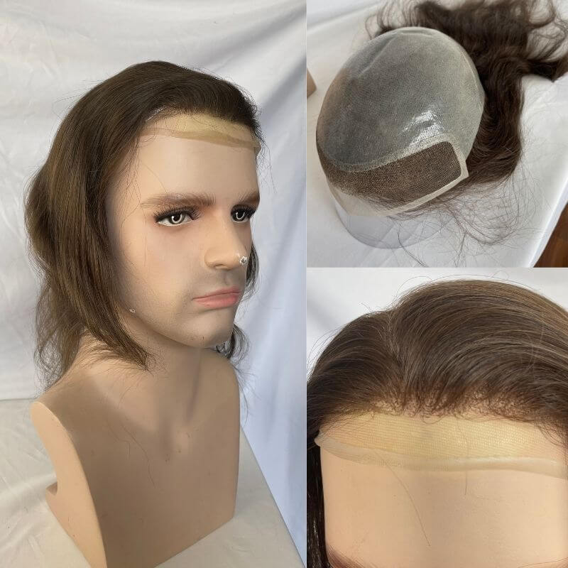 Eseewigs 12" Long Hair Men's Toupee 100% Virgin Human Hair Replacement System for Men 10"x8" Base Size 1B Color Toupee For Men