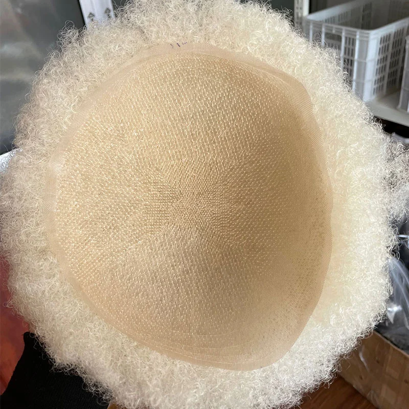 African American Wigs Full Swiss Lace Afro Curly Human Hair Pure White Hair 10x8inch Toupee For Men Human Hair Men's Toupee
