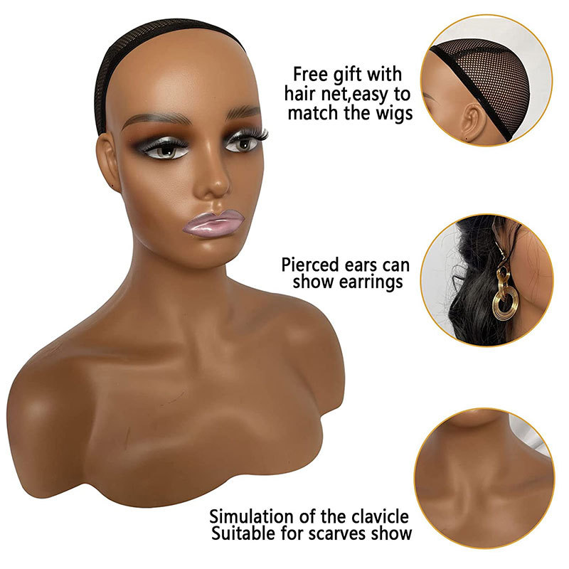 Mannequin Head with Shoulder Manikin PVC Head Bust Wig Head Stand with Makeup for Wigs Necklace Earrings Makeup,Hat Dark Brown