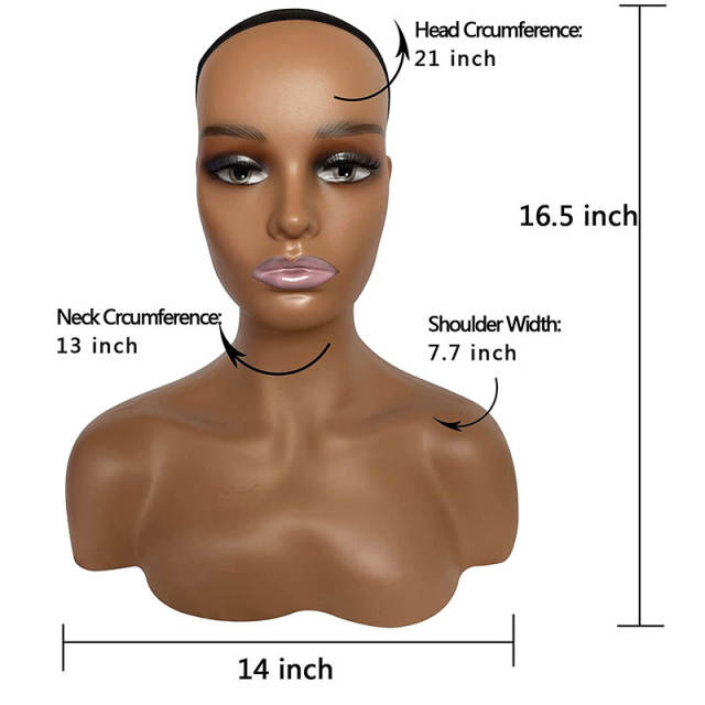 Mannequin Head with Shoulder Manikin PVC Head Bust Wig Head Stand with Makeup for Wigs Necklace Earrings Makeup,Hat Dark Brown