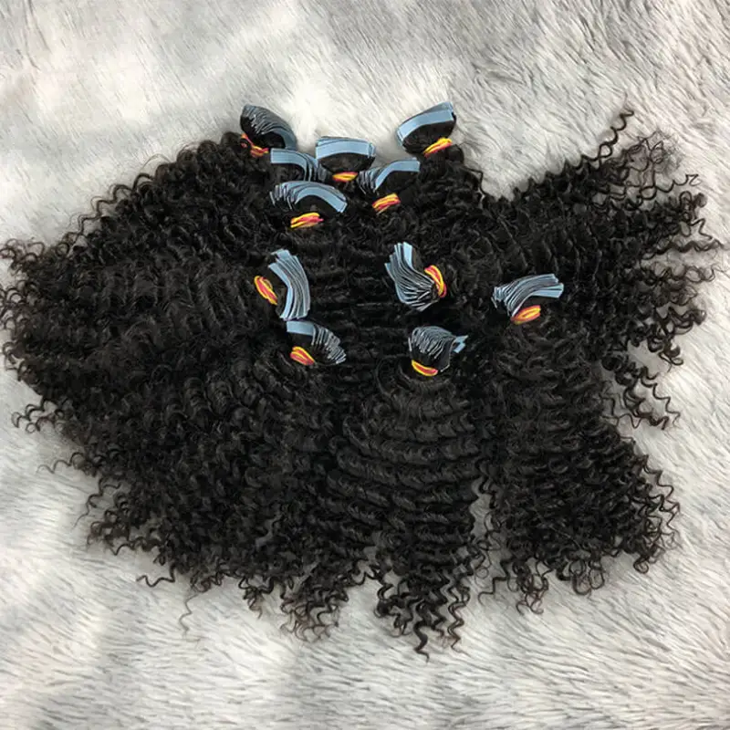 Hair Extensions  Kinky Curly Tape In Human Skin Weft Adhesive Invisible Brazilian Natural Black Hair