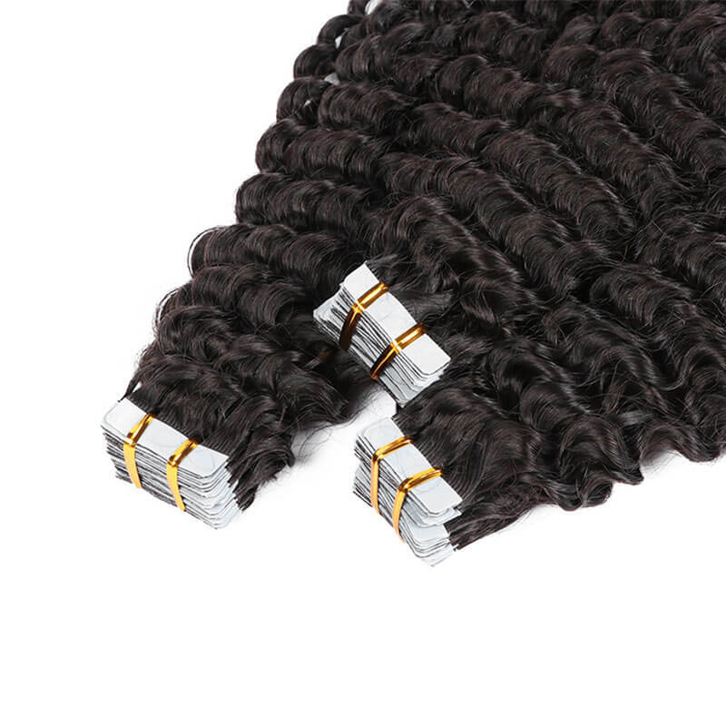 Tape Hair Extensions Deep Wave Real Human Hiar Virgin Brazilian Hair Tape In Hair  Adhesive For Black Woman