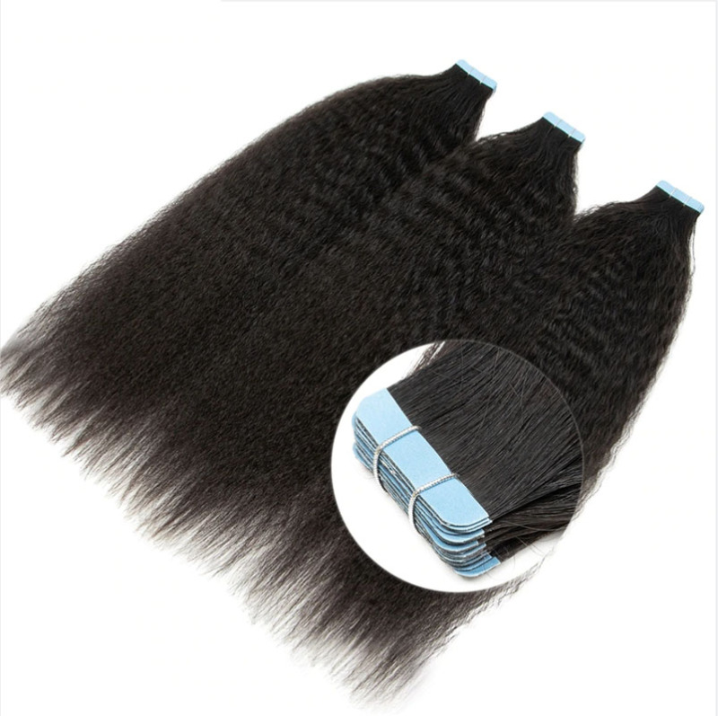 Kinky Straight Tape Hair Extensions Real Human Hiar Virgin Brazilian Hair Tape In Hair  Adhesive For Black Woman