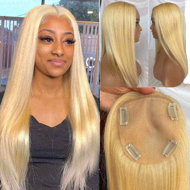 4.7x5inch 16inches Length Skin Topper Real Human Hair 4 Clips In Hair Topper Virgin Hairpiece 613# Color For Women