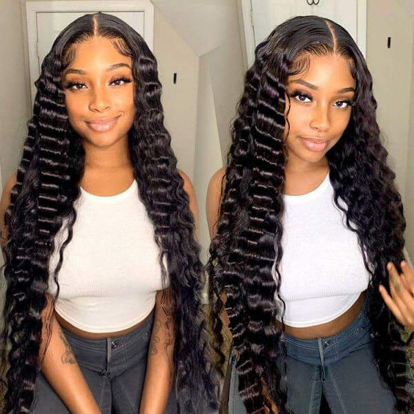 Deep Wave Crimped Hair Wigs Human Virgin Hair Hairstyle Wig Lace Front Wig For Black Woman