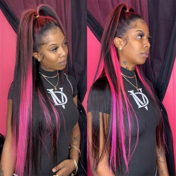 Skunk Stripe Human Virgin Hair Pink Highlights WIth Black Hair Wig With Lace Front Wig For Black Woman