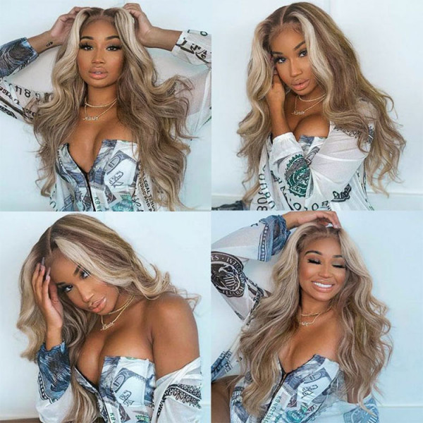 Blonde With Brown Skunk Stripe Wigs Human Virgin Hair Hairstyle Wig Highlights Straight Mixed Lace Front Wig #P4/613 Colored Wig