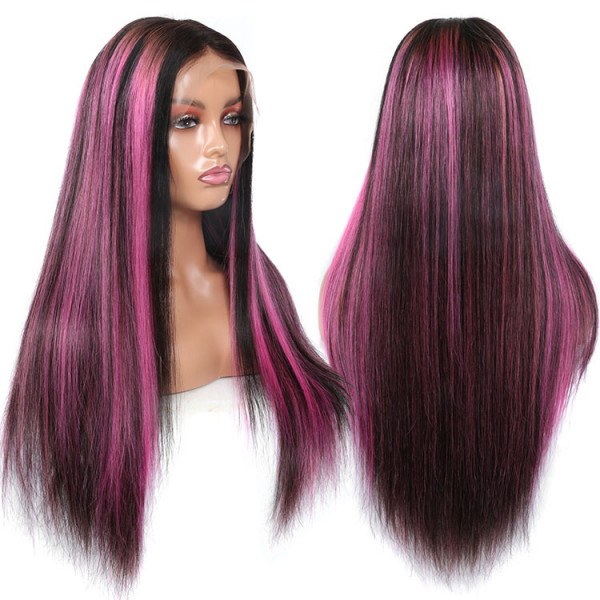 Skunk Stripe Human Virgin Hair Pink Highlights WIth Black Hair Wig With