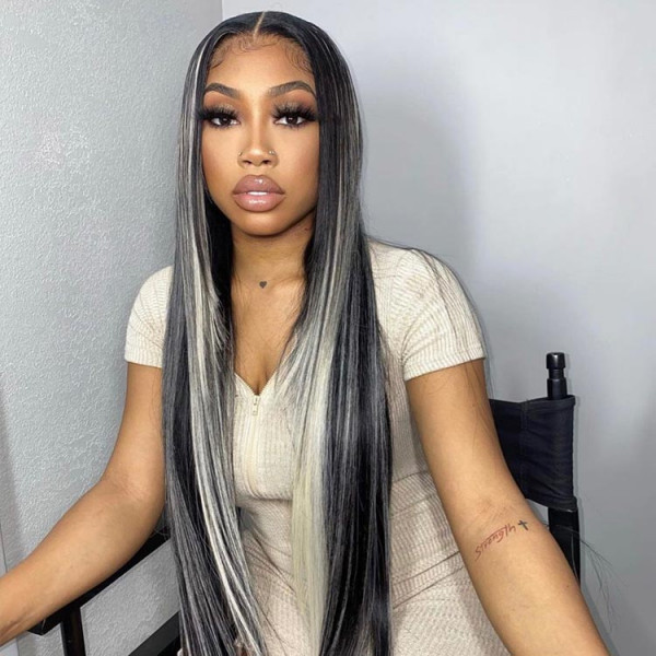 Original Platinum Blonde Skunk Stripe Wigs Human Virgin Hair Hairstyle Wig Highlights Straight Mixed Lace Front Wig For Black Woman