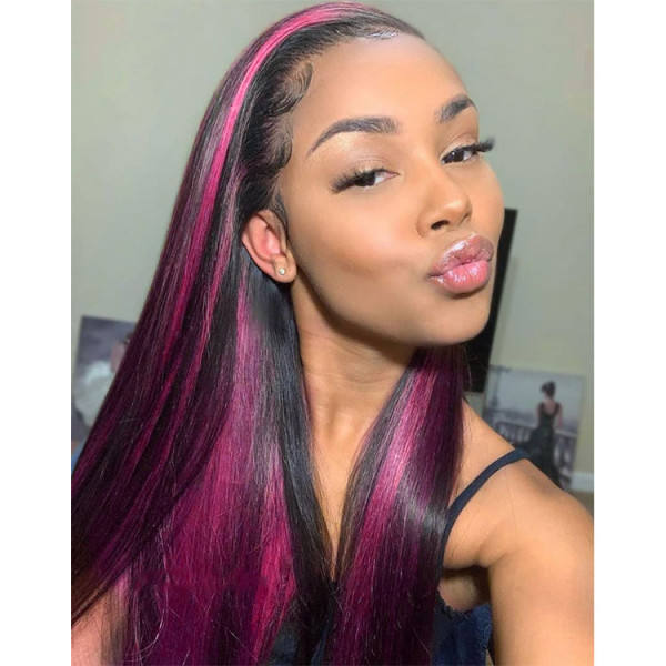Skunk Stripe Human Virgin Hair Pink Highlights WIth Black Hair Wig With Lace Front Wig For Black Woman