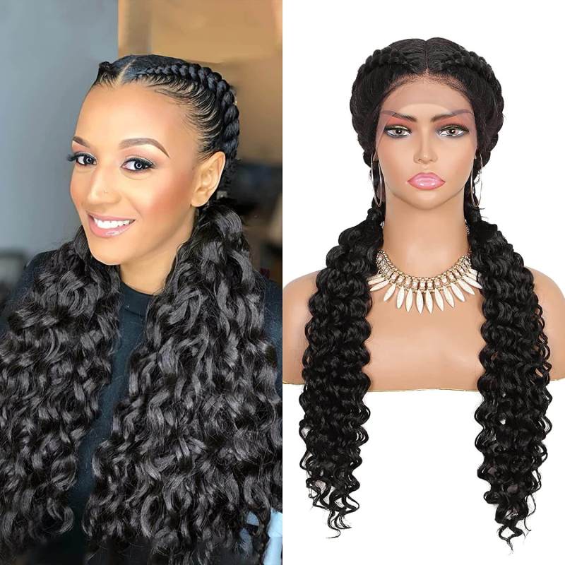 French Style Romance Braided Wigs for Black Women Swiss Lace Front Braided Wigs 28Inches with Baby Hair Synthetic Natural Looking Black Cornrow Braide