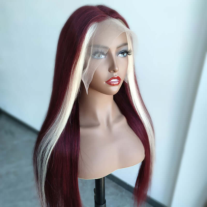 Red Wine & Blonde Skunk Stripe Color Wig- Body Wave & Straight Virgin Human Hair Lace Front Wig With Baby Hair