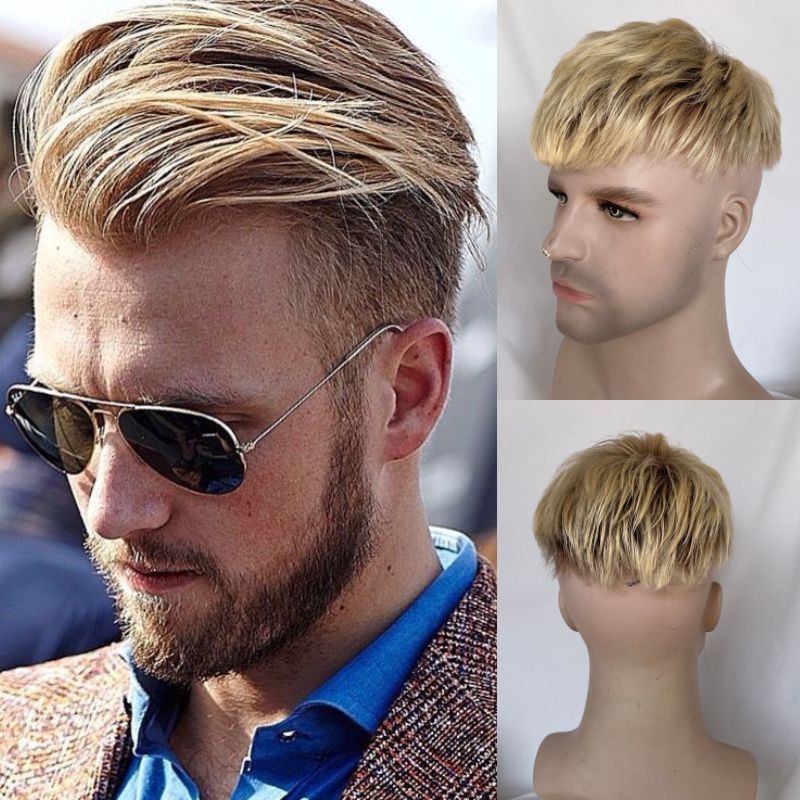 Ombre 60# Color Men`s Toupee 3inch Cut Short Hairstyle Men Wig Free Style 10x8 inch Swiss Lace Thin Skin For Men In Stock