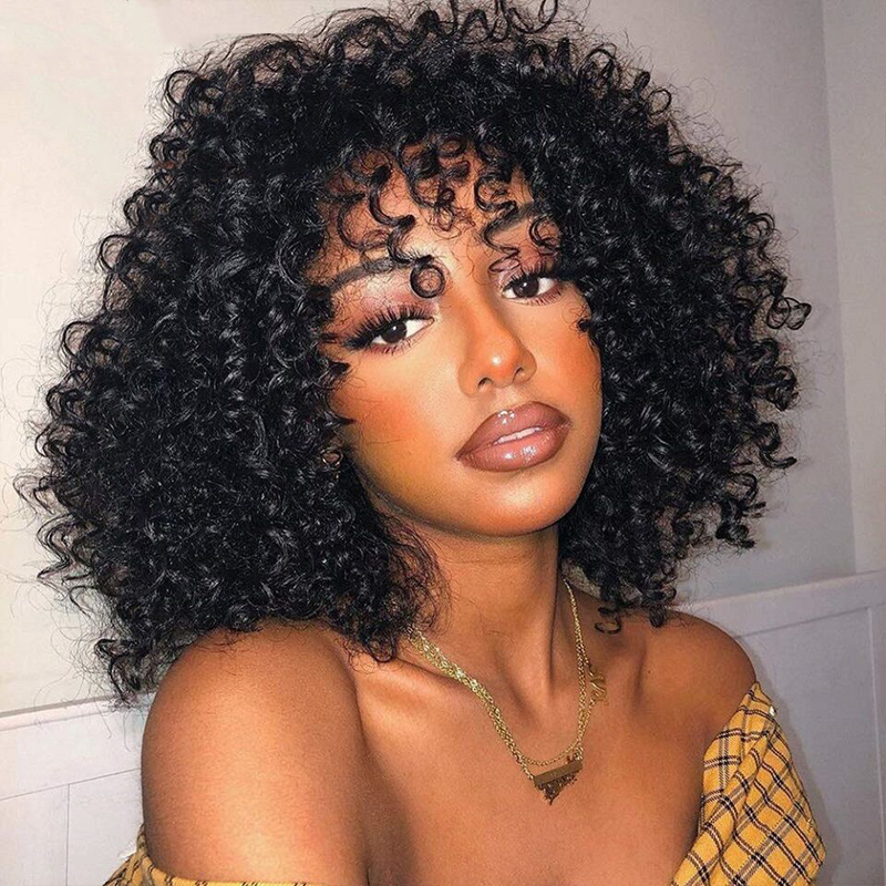 2022 New Stock Jerry Curly Wigs with Bangs Short Wigs Curly Human Hair kinky Curly Full Machine Made Wigs 180% Density