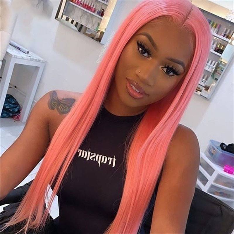 Pink Wig Human Hair Long Straight Lace Front Wig Brazilian Remy Pink Colored Human Hair Wigs For Women Preplucked With Baby Hair