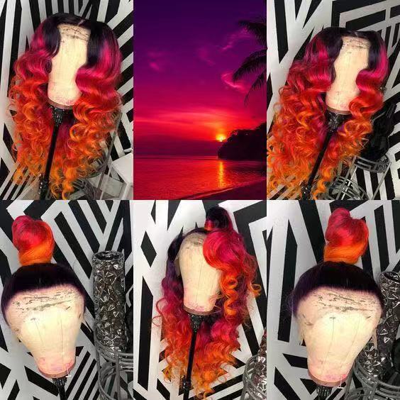 Human Virgin Hair Pre Plucked Ombre Red Color 13x4x1 T Part Lace Front Wigs