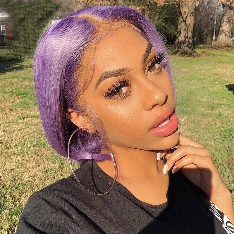 Short Bob Wig Purple Colored Human Hair Wigs For Women Lace Front Human Hair Wigs Pre Plucked Purple Wig Brazilian Remy Hair 150