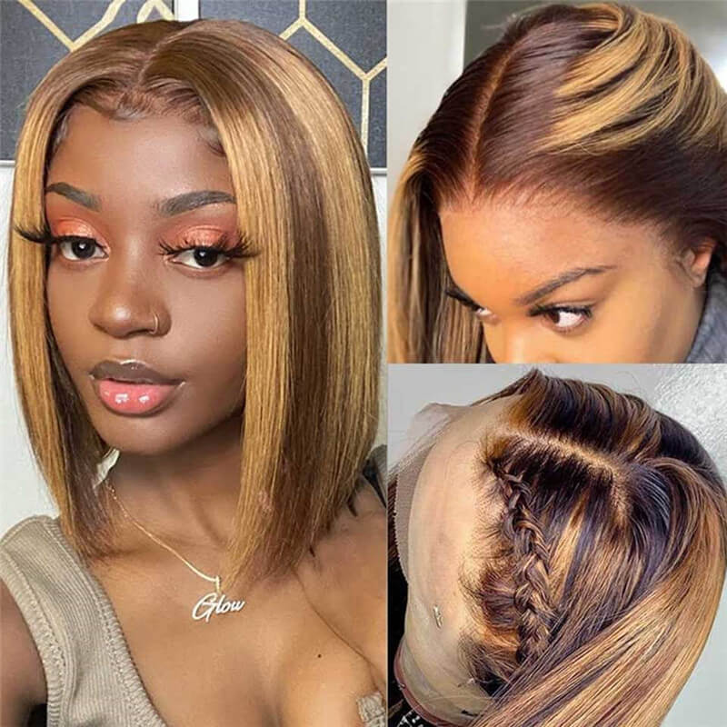 Highlight Bob Wig Honey Blonde 13x4 Lace Frontal Wigs T Part Remy Brazilian Straight Ombre Lace Front Human Hair Wigs