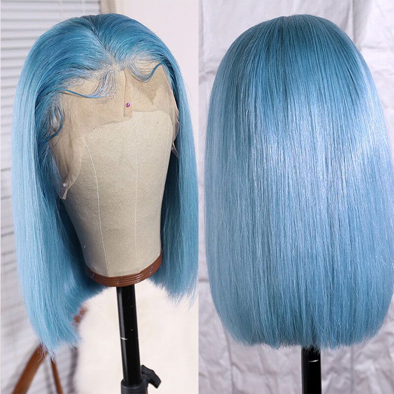 Light Blue Wig Brazilian Remy Purple Highlight Lace Front Wig Preplucked Short Human Hair Bob Wigs For Black Women