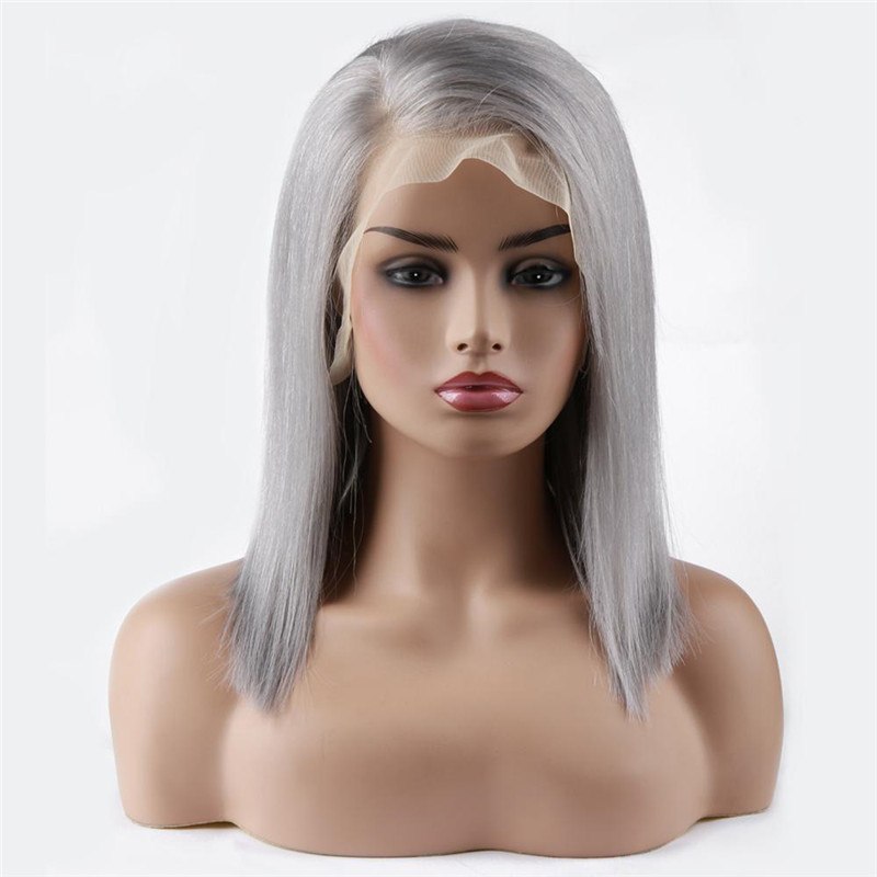 Ash Gray Short Bob Lace Front Brazilian Remy Human Hair Wig Straight Wigs With Baby Hair Wigs