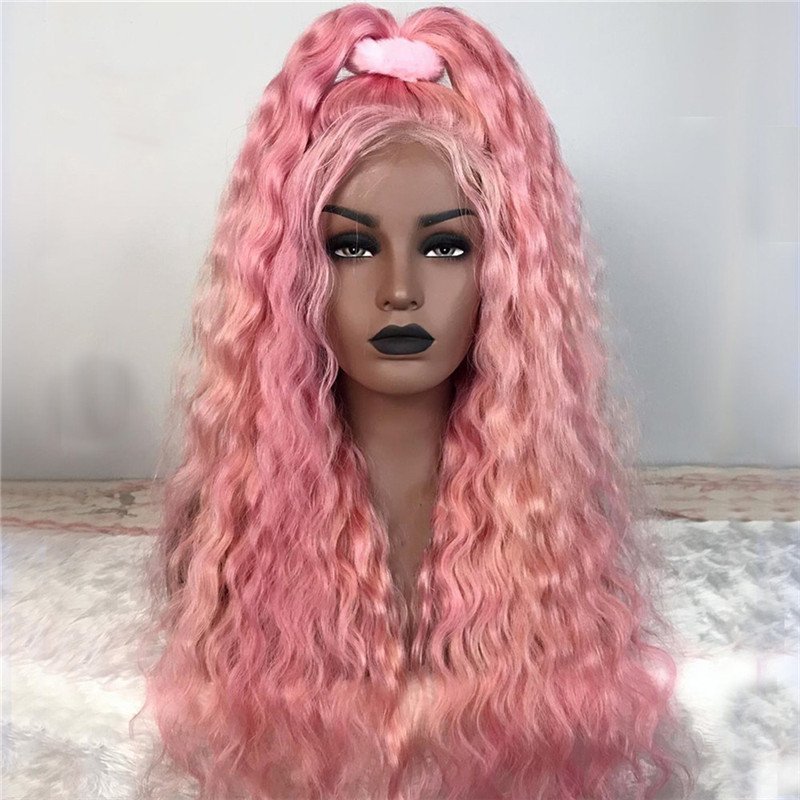 Pink Wave Curly Brazilian Wavy Human Hair Lace Front Wig Long Deep Curly Wigs For Women