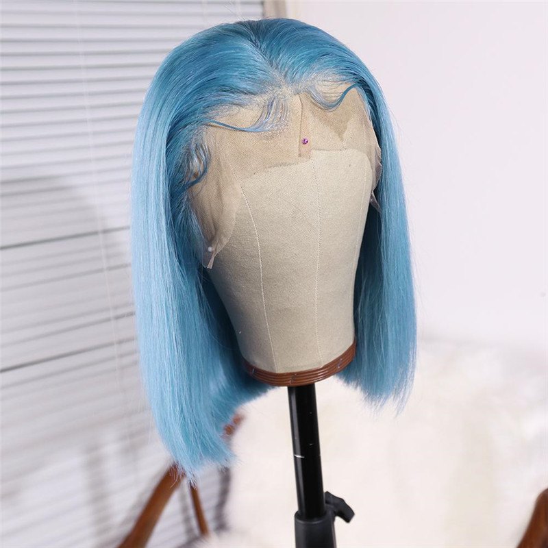 Bob Light Water Blue Lace Front Brazilian Remy Human Hair Wig Straight Wigs with Baby Hair Wigs