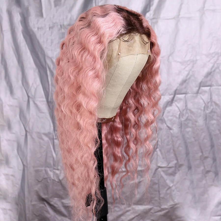 Ombre Pink Deep Curly Wave With Brown Roots Lace Front Full Lace Virgin Human Hair Wig