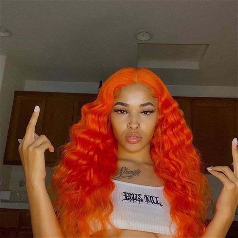 Orange Deep Wave Wig Wavy Lace Front 13x4 T Part LaceHuman Hair Wigs With Baby Hair