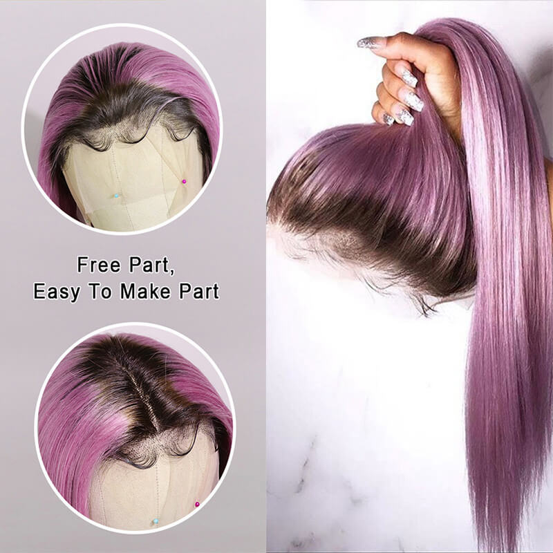 Ombre Purple Human Hair Wig Purple Straight Lace Front Wig With Baby Hair Brazilian Remy Transparent Lace Wigs For Women