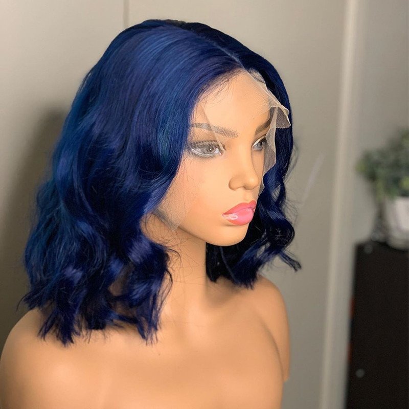 Dark Blue Wave Short Bob Wig Human Hair Lace Front 13x4 T Part LaceHuman Hair Wig For Women Pre Plucked Hairline