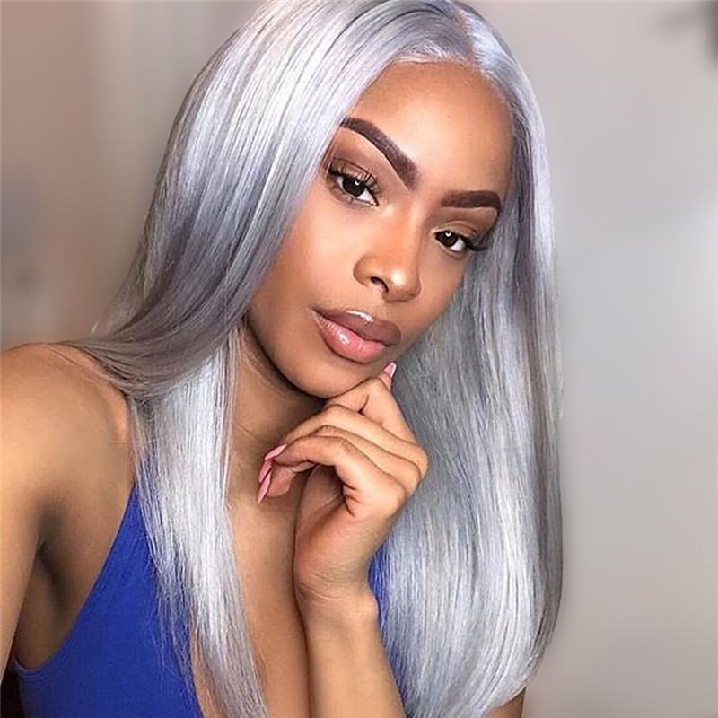 Sliver Grey Long Straight Wig Human Hair with Baby Hair Lace Front Wig for Women