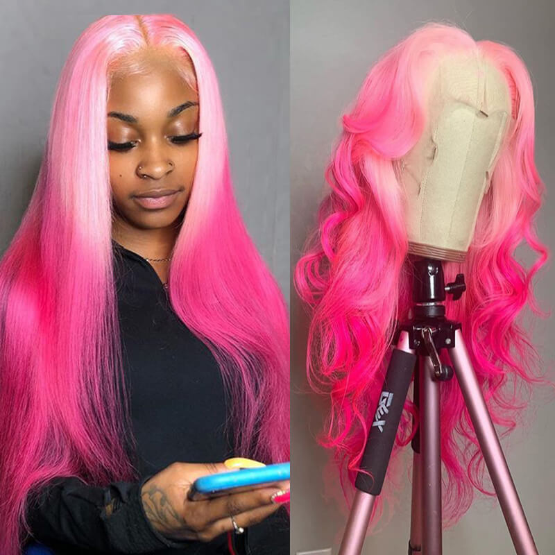 Human Virgin Hair Pre Plucked Ombre Pink Lace Front Wig And 13x4x1 T Part Lace Wig For Black Woman