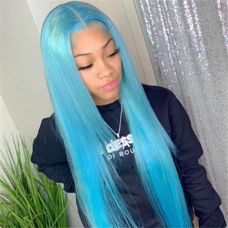 Long Straight Light Blue Straight Lace Front Wig Pre-Pluck Hairline Brazilian Virgin Human Hair Transparent Lace Wigs Long Straight Lace Front Wig Blu