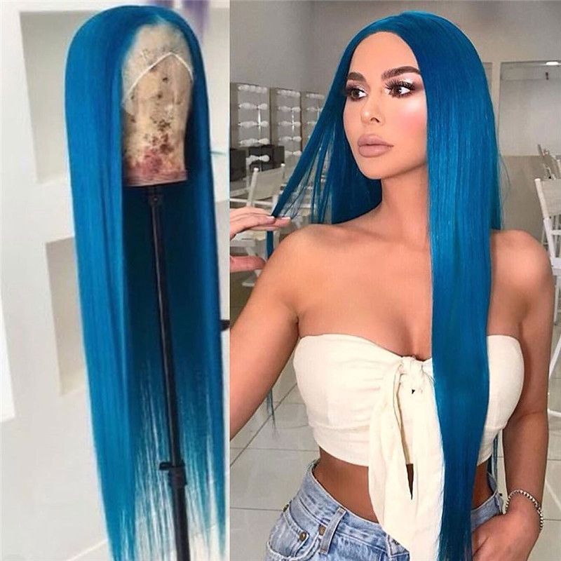 Blue Color Human Virgin Hair Pre Plucked 13x4 T Part Lace Front Wig