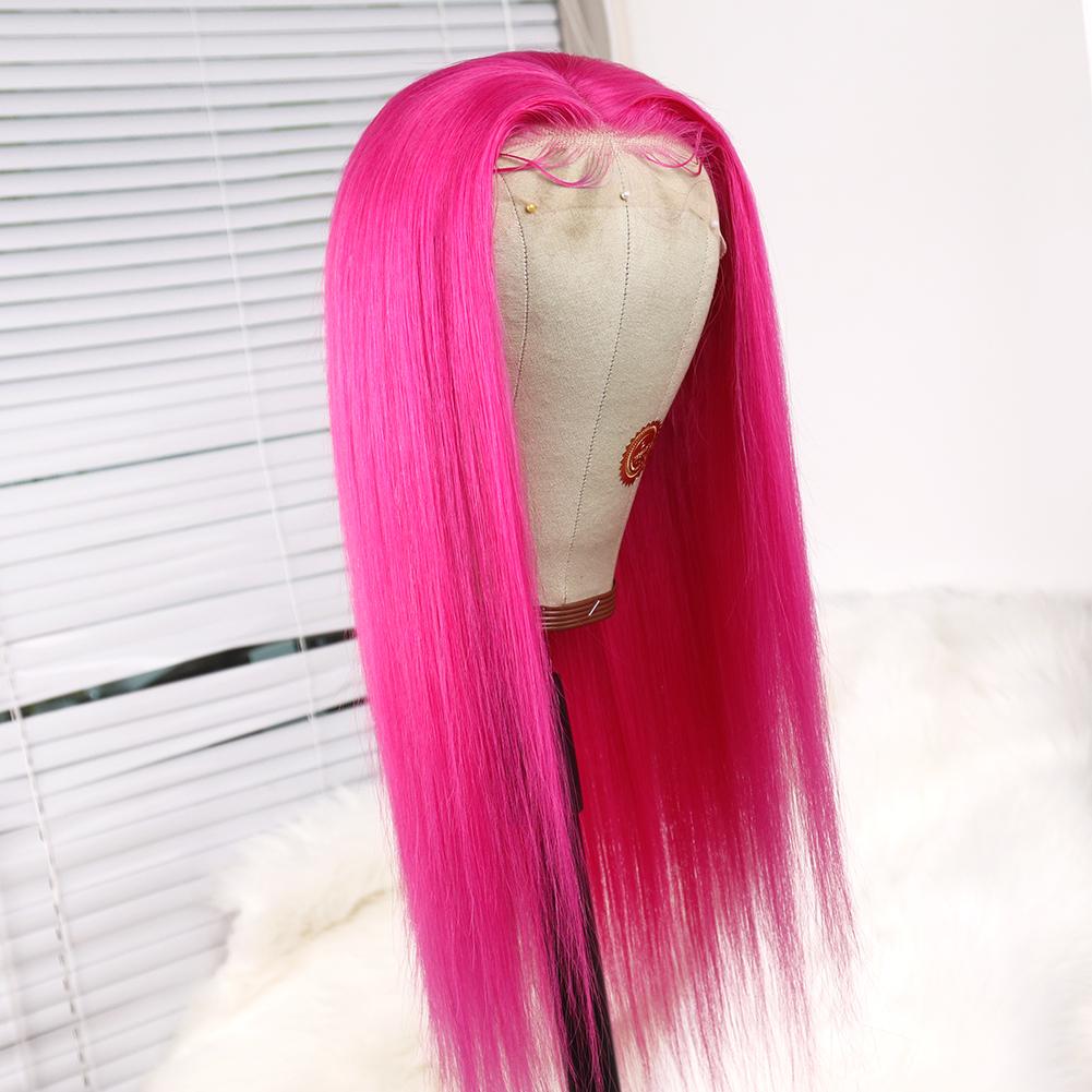 Dark Pink Long Straight Lace Front 13x4 T Part LaceGlueless Rose Pink Wig Pre-Pluck Hairline Virgin Human Hair