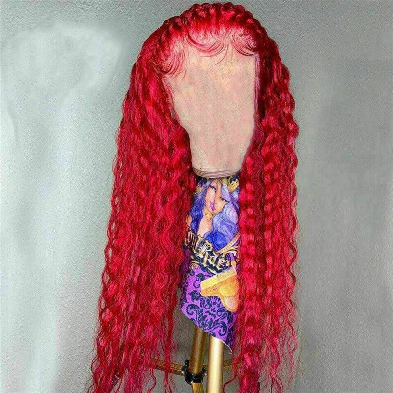 Bright Red Water Wave Curly 13x4 T Part LaceHuman Hair Wig Brazilian Virgin Deep Curly Lace Front Wig