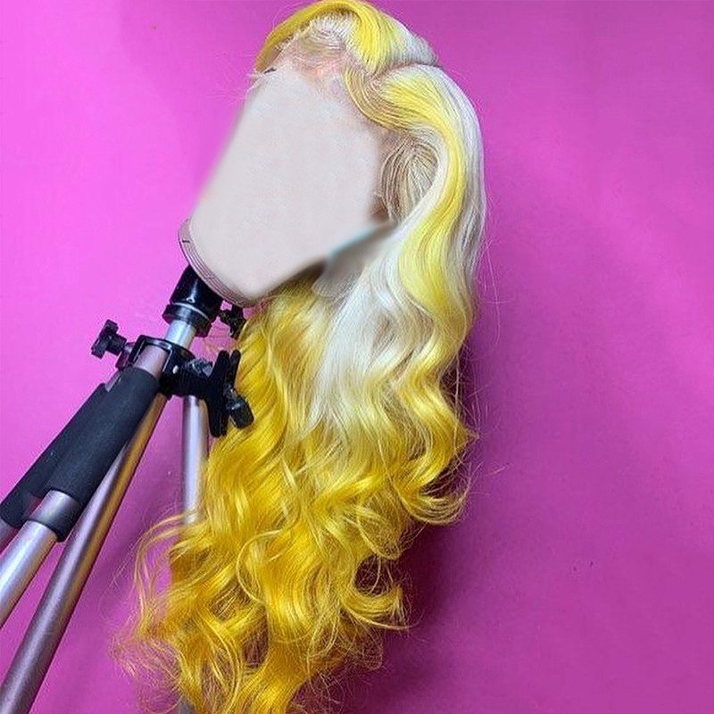 Ombre Grey Yellow Wig Human Hair Brazilian Body Wave Wig Remy Hair Ombre Colored Human Hair Wigs For Women Transparent Lace Wigs