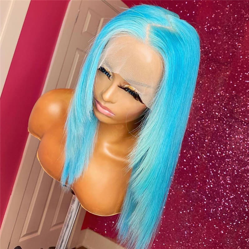 13x4 Indian Human Hair Wig for Women Blue Colored Lace Front Wigs with Baby Hair Long Straight Hair Glueless Lace Wig