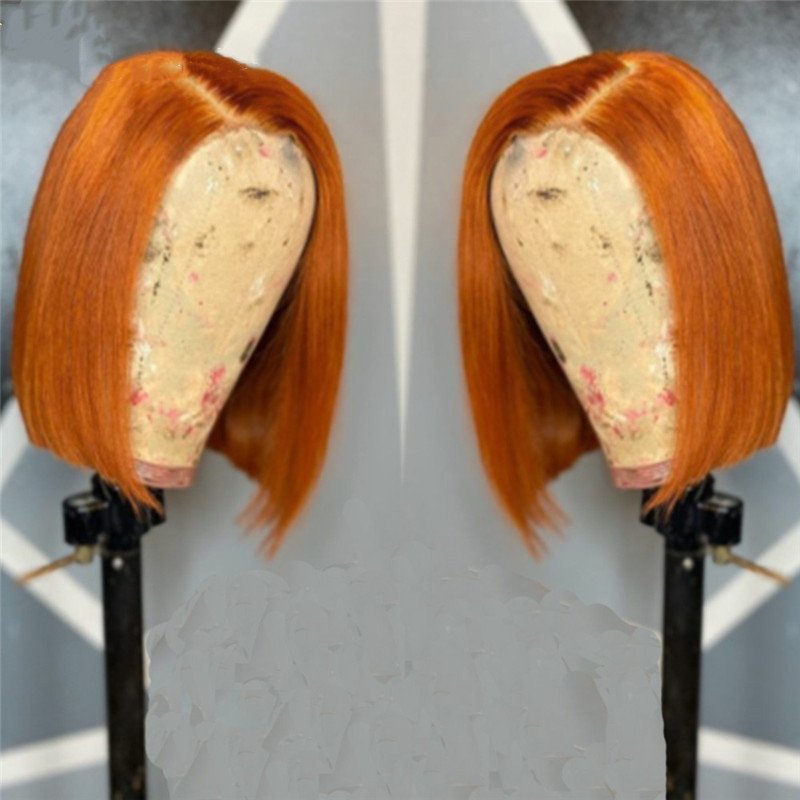 Orange Ginger Blunt Cut Summer Human Hair Lace Front Wigs Blunt Bob Cut Orange Preplucked Lace Frontal Wigs