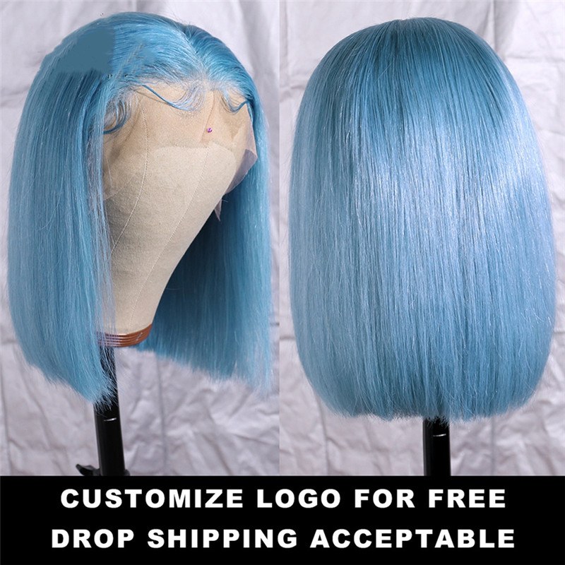Light Blue Short Bob Wig Brazilian Lace Front Wig Preplucked Short Human Hair Bob Wigs For Black Women