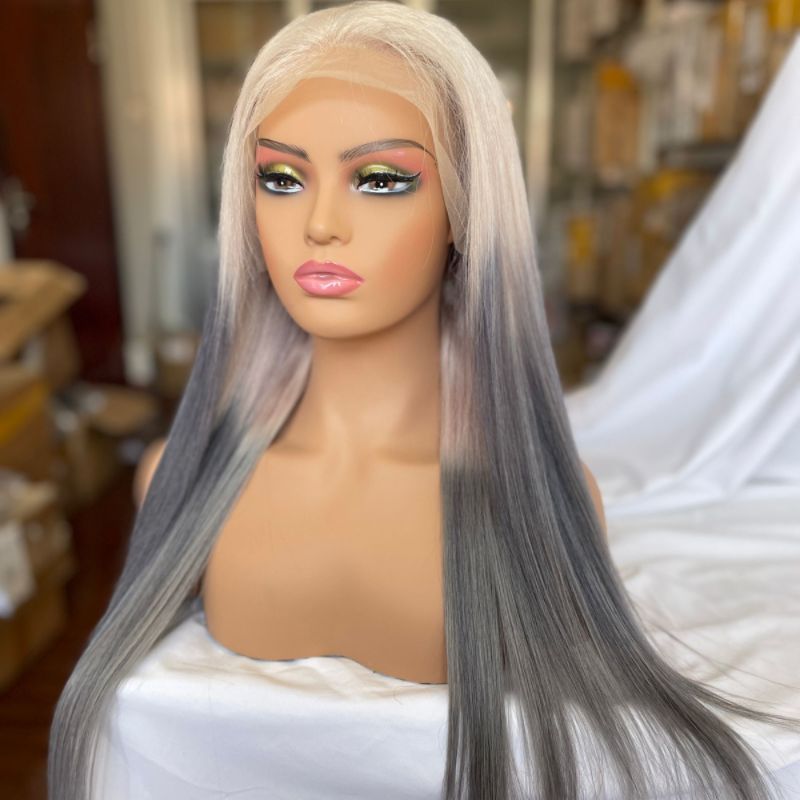 Ombre Grey Long Straight Wig Gray Human Hair with Baby Hair Lace Front Wig for Women