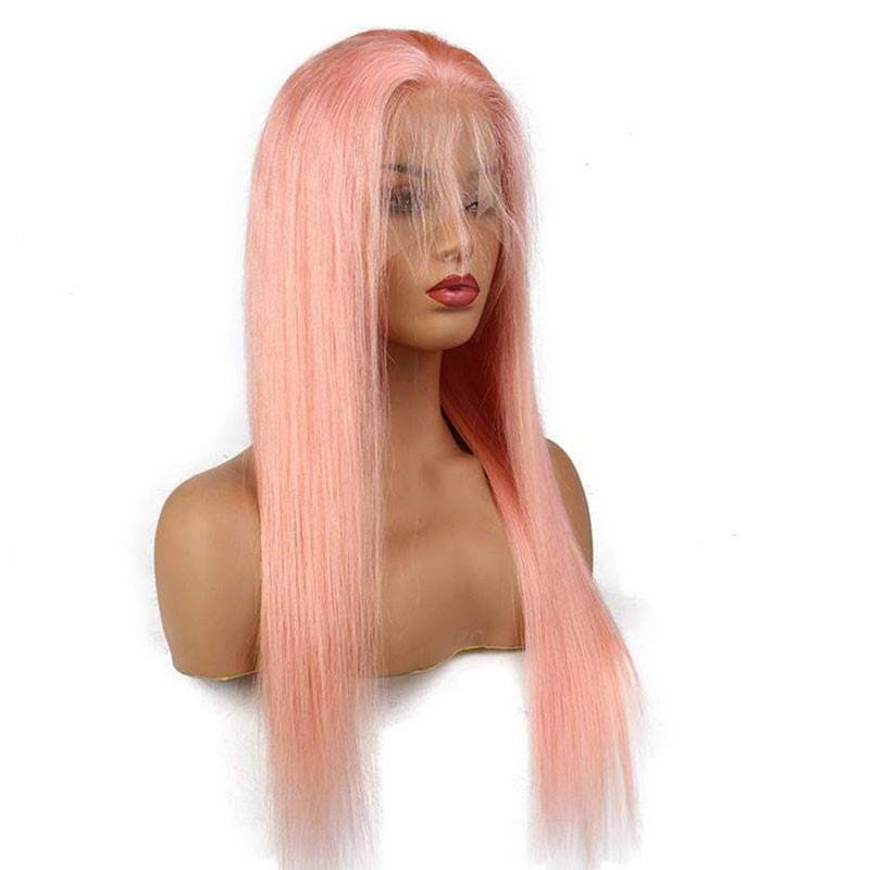 Pink Color Front Lace Wigs Remy Human Hair Pre-Plucked Hairline Silky Straight Hair with Baby Hair Ombre Pink Glueless Full Wigs