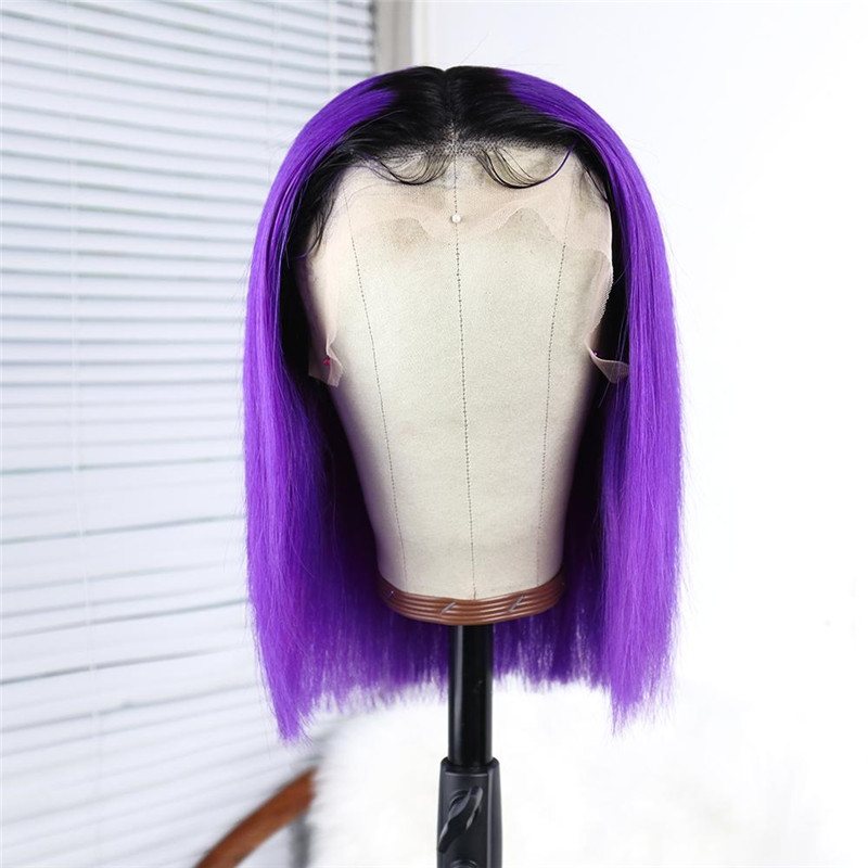 1B Dark Purple Short Bob Wig of Brazilian Human Hair with Baby Hair Ombre Black Roots Lace Front Wig for Women