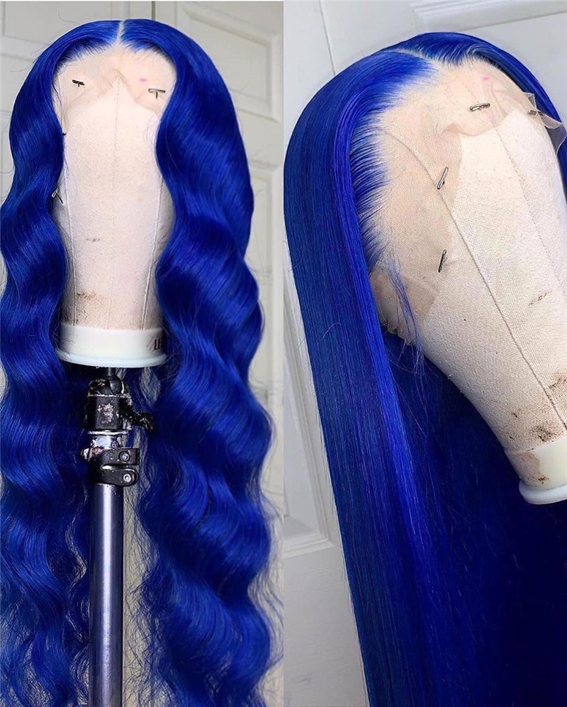 Human Virgin Hair Pre Plucked Medium Blue Color 13x4x1 T Part Lace Front Wig And Lace Front wig For Black Woman-afbca8