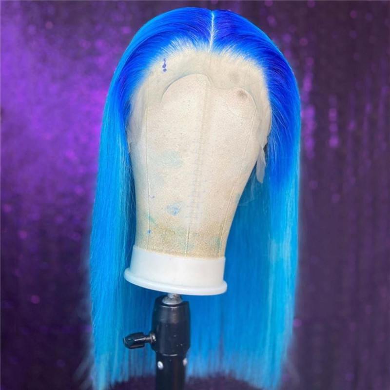 150% Density Bob Lace Front Wigs Blue Ombre Colored Straight Human Hair Wig 13x4 Lace Front Wig Pre Plucked